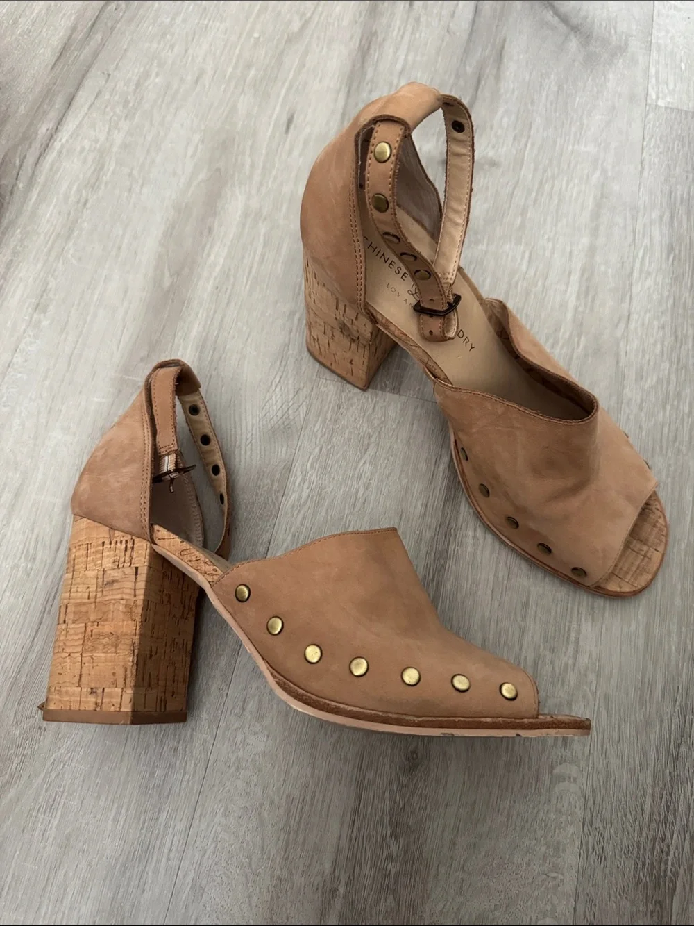 Chinese Laundry Cognac Suede Cork Block Heel Sandals
